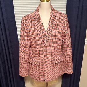 Plaid Blazer in Tan with Burgundy, Navy and Orange.